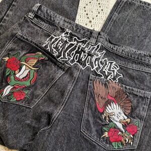 Y2K Ninth Hall Ambush Jeans Mens 34x28‎ Black Denim Eagle Baggy Skater Graffiti
